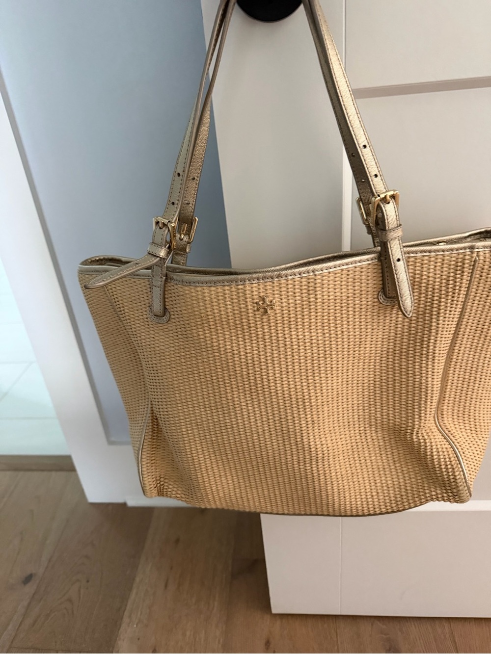 Tory Burch Natural Woven Tote with Metallic Gold Trim